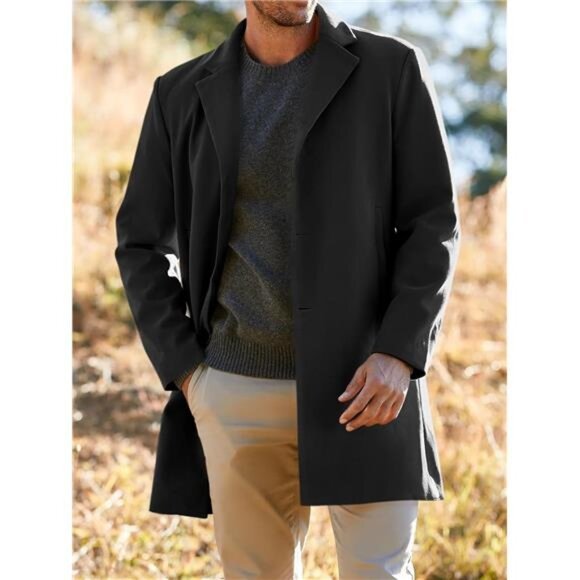 Mens Trench Coat Warm Soft Black - Picture 1 of 5